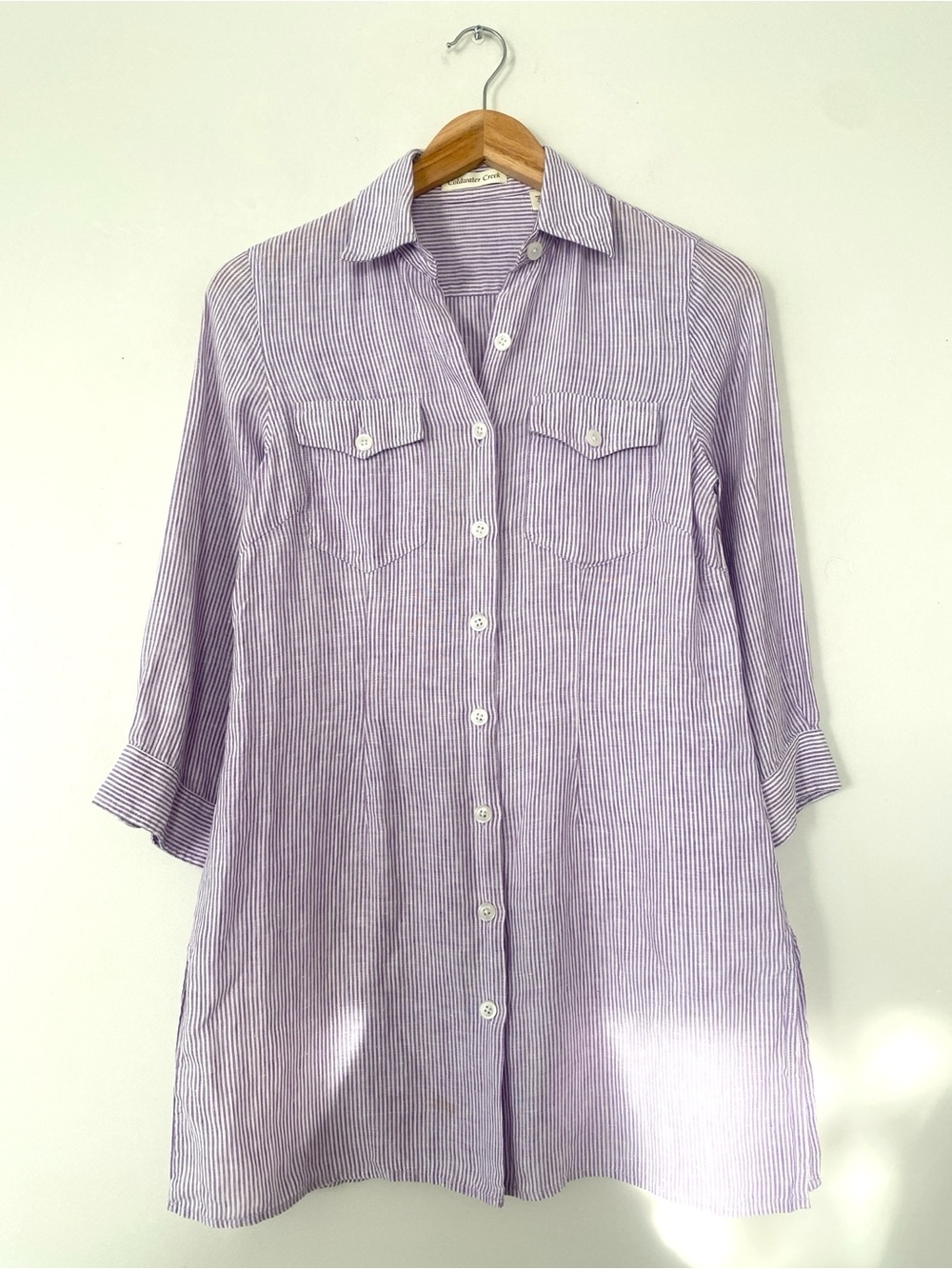Coldwater Creek Light Purple Striped Linen Tunic / Shirt Dress Sz 4 Minimal Chic